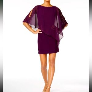 Women’s Formal Dress Size 14 X BY XSCAPE Cape Overlay Purple Short Sheath Beaded